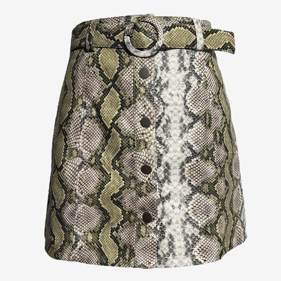 Pleather Mini Skirt Snakeskin Look Le Lis Button Front Belted Green Size Small - Picture 2 of 9
